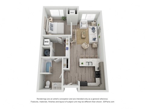 Floor plan for 1 bed, 1 bath, 757 sqft